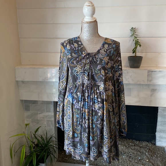 Free People Rain Or Shine Lace-Up Gray Paisley Floral Mini Dress Size Small - Picture 4 of 14